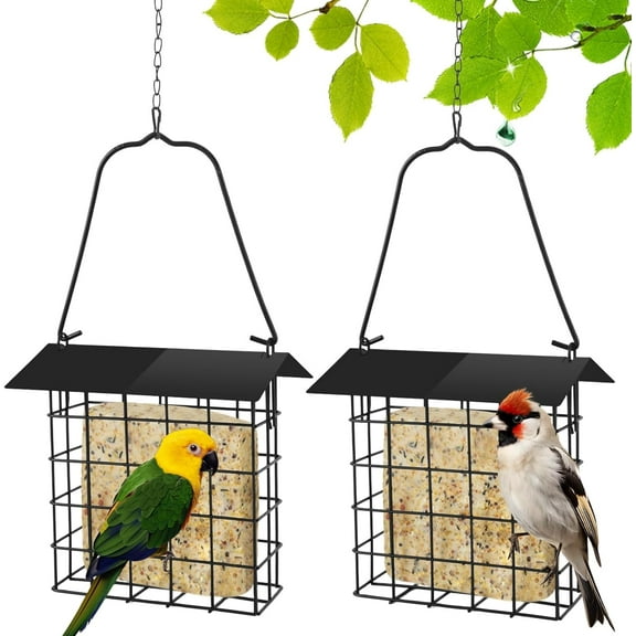 2Pcs Suet Bird Feeder for Outside Hanging, Suet Cakes Cage Bird Feeder for Outdoors with Metal Roof and Adjustable Chain Hook Hanging for Garden Yard Outside