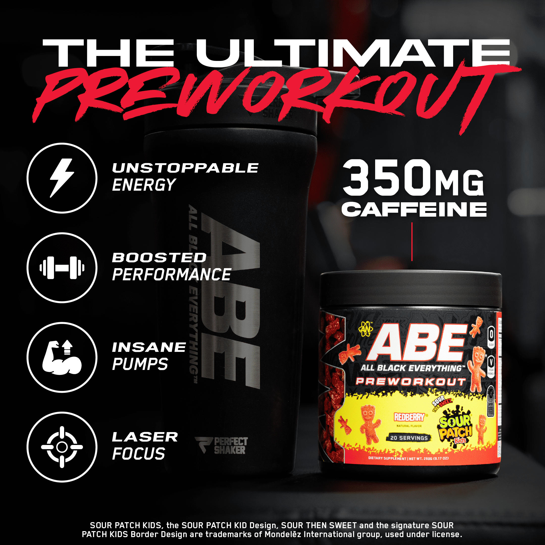 ABE Caffeine Pre Workout Powder, Sour Patch Kids Redberry Flavor, 20 Servings