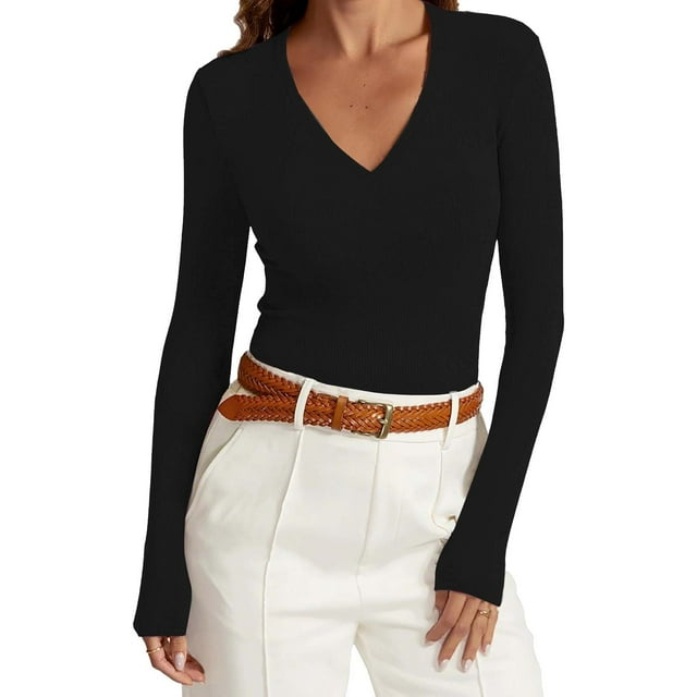 Women Workout Tops, Comfortable Solid Color Tight with V-Neck and Long Sleeves