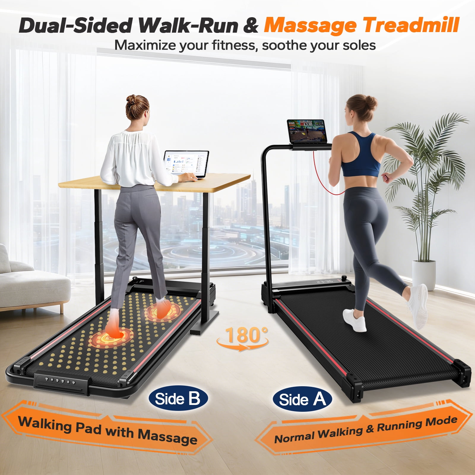 BEROCA 4-in-1 Portable Treadmill with Foot Massage, 3HP Foldable Treadmill with Incline Handle, Under Desk Small Treadmill For Home Office with Remote Control LED Display