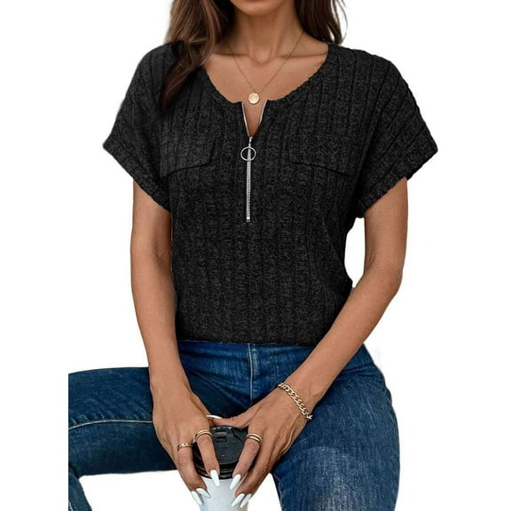 Plus Size Womens Tops 1/4 Zip Up Short Sleeve Tunics Black M