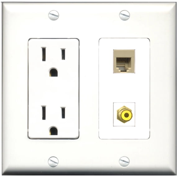Ultra Spec Cables 15 Amp Power Outlet 1 Port RCA Yellow 1 Port Phone RJ11 RJ12 Beige Wall Plate