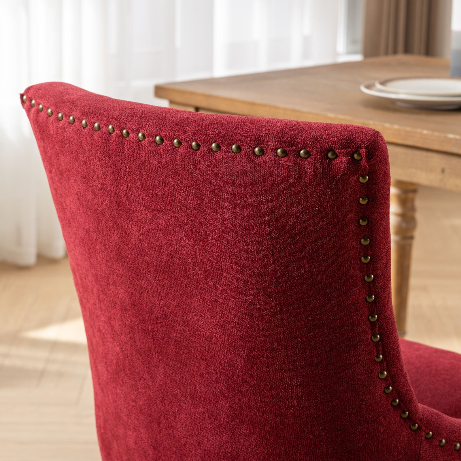 BSHTI Furniture Ultra Side Dining Chair Set of 2, Wine Red Burgundy Thickened Fabric Chairs with Solid Wood Legs & Bronze Nail Head
