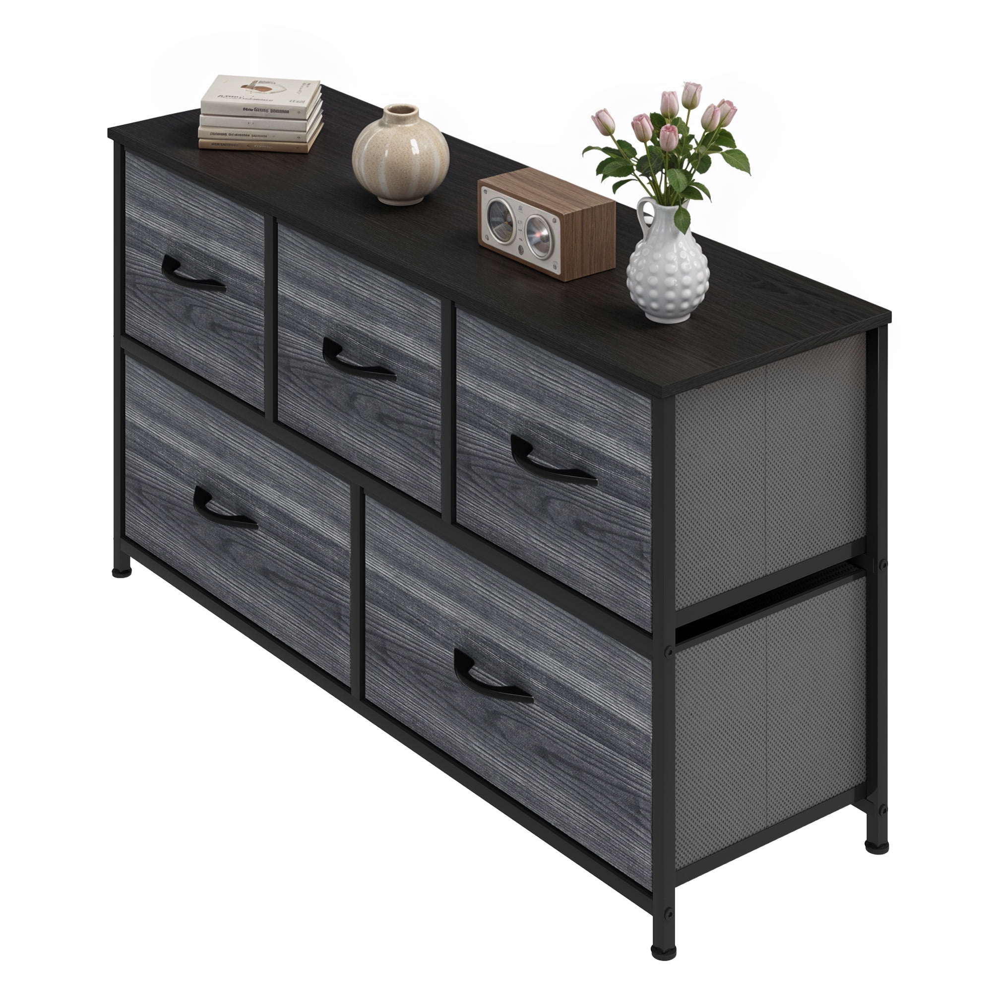 Uforic 5-Drawer Fabric Dresser for Adults & Teens, Storage Tower with Steel Frame & Wood Top, Black