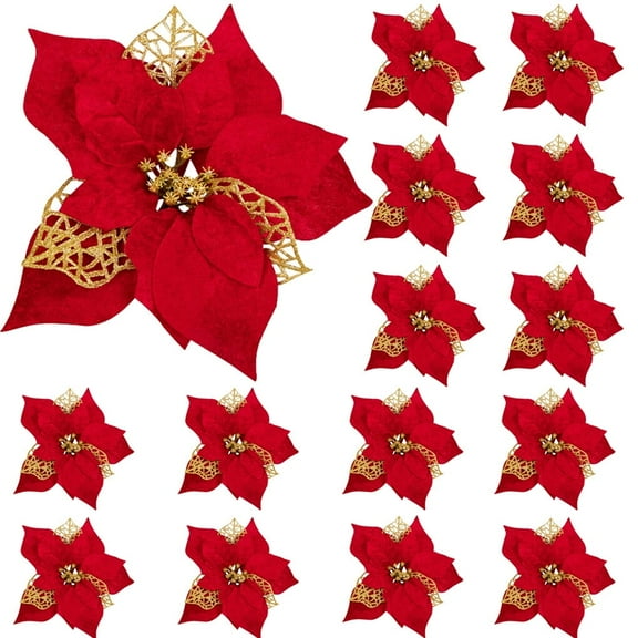 Haillom 15 Pieces Poinsettia Artificial Christmas Flowers Decorations Xmas Tree Ornaments Red Glitter Gold with Clips