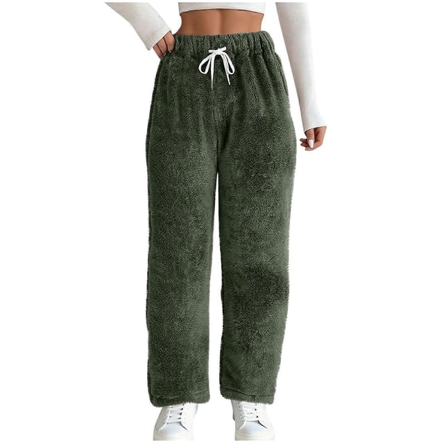 Women's pajama pants, plush flannel, comfortable drawstring pants with pockets, warm winter pants. White XXL