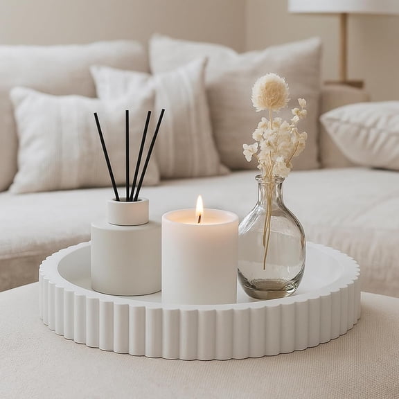 2 Pcs White Round Wood Decorative Trays for Coffee Table Decor, 13" & 11" Modern Farmhouse Wooden Circle Trays Decoration for Candle Home Dining Room Kitchen Counter Bathroom Wedding