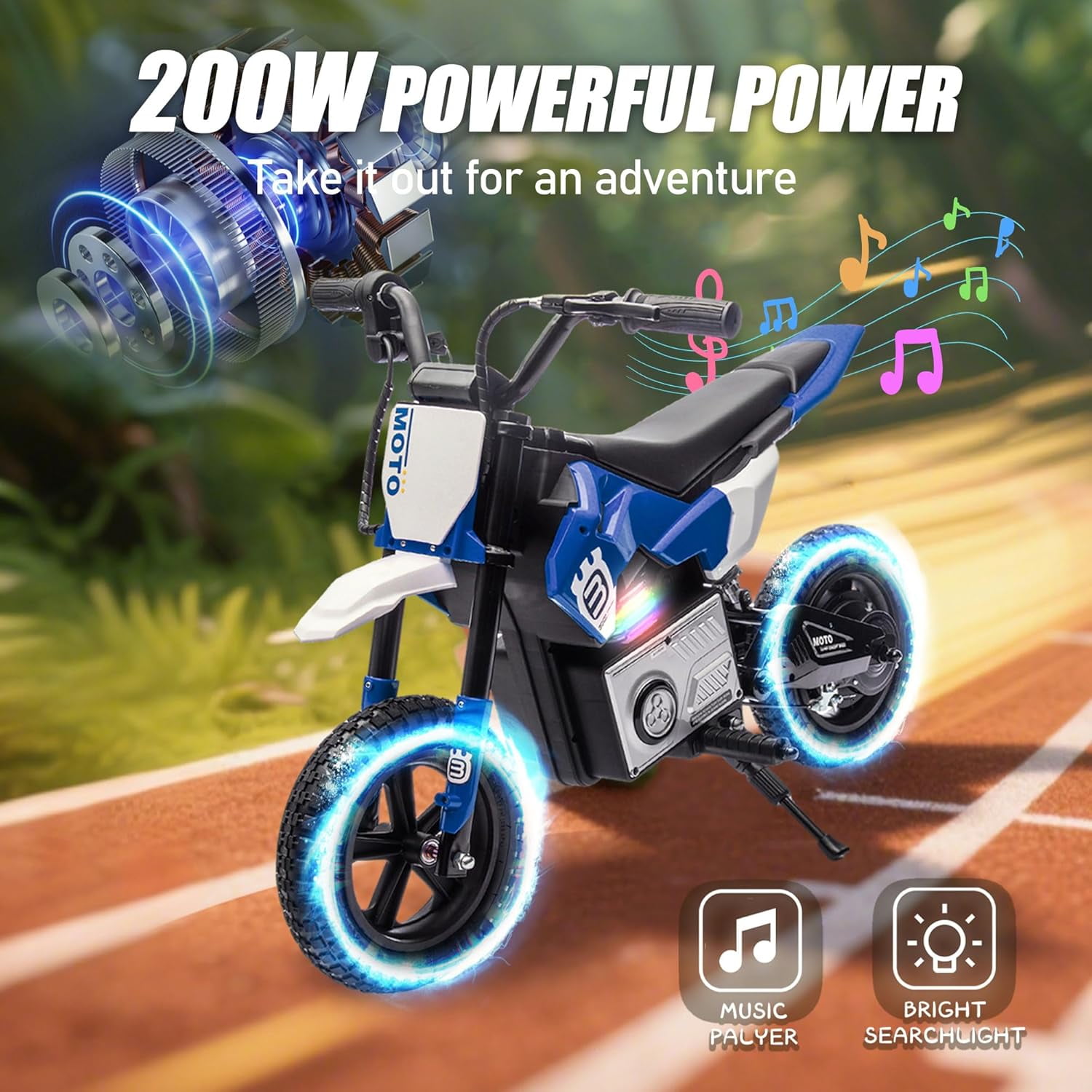 ThunderBolt Electric Dirt Bike Ride-On Motorcycle, 200W Motor, 3-9MPH Speed, LED Lights, Shock Absorber, Blue