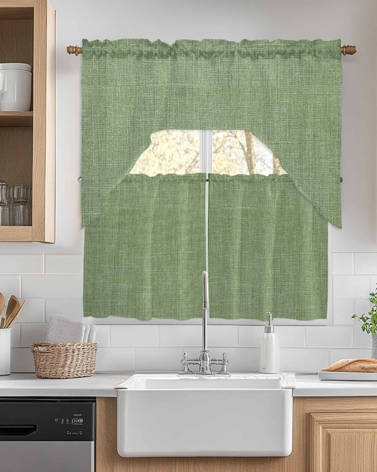 Vintage Forest Green Kitchen Curtains Swag Valance and Tier Curtains Set 24 Inch Length, Farmhouse Retro Solid Color Linen Texture Rod Pocket Drape Panels Pair Swag Curtains for Bathroom/Cafe/Window