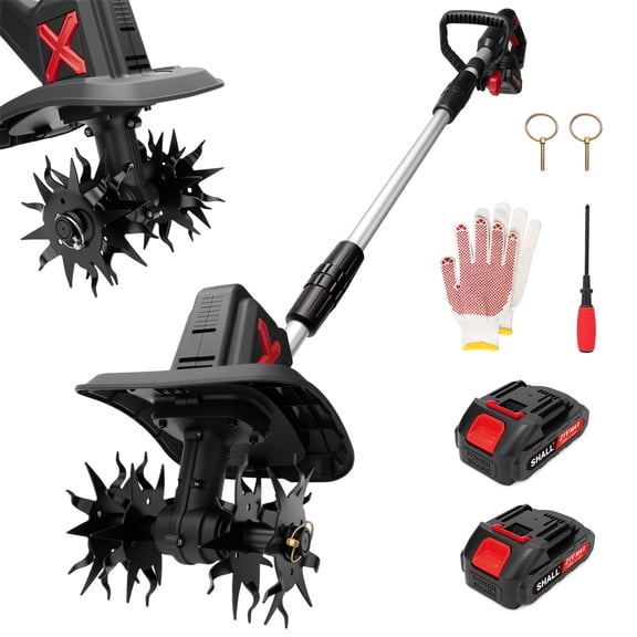 SHALL 21V Cordless Tiller Cultivator, 360RPM Electric Garden Tiller with 2 * 2.0Ah Batteries & Fast Charger, 8" Width and 6" Depth Garden Rototiller for Lawn, Gardening, Soil Cultivation