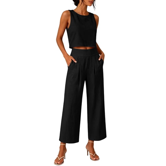 Linen Cotton Two Piece Pant Set For Women Business Casual Pleated Straight Leg Easy Vacation Daywear Summer Functional Daily Wear For Weekend For Vacation