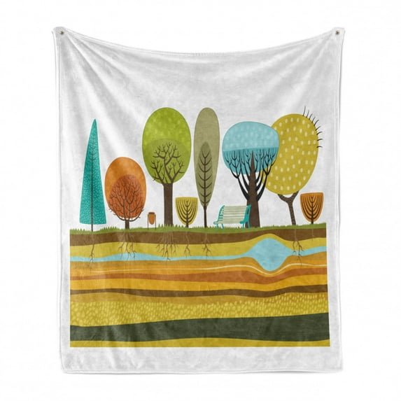 Urban Soft Flannel Fleece Throw Blanket, Illustration of Flat Park Elements in the City as Trees Roots Bench Soil and Water, Cozy Plush for Indoor and Outdoor Use, 50" x 60", Multicolor, by Ambesonne