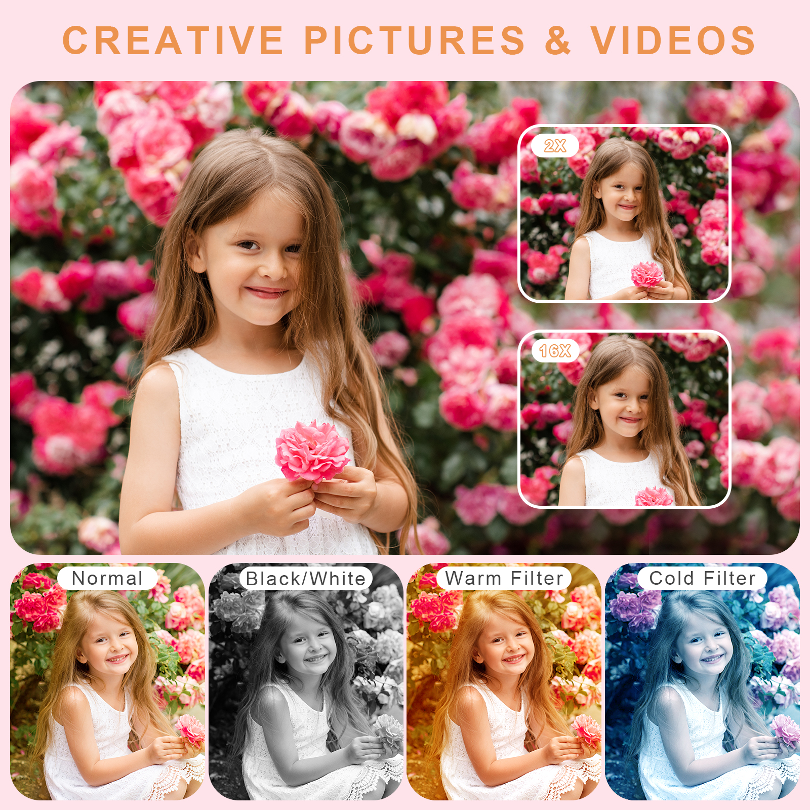 Geryst Digital Camera, 4K UHD 48MP, 16X Zoom, Kids, Pink photo 4