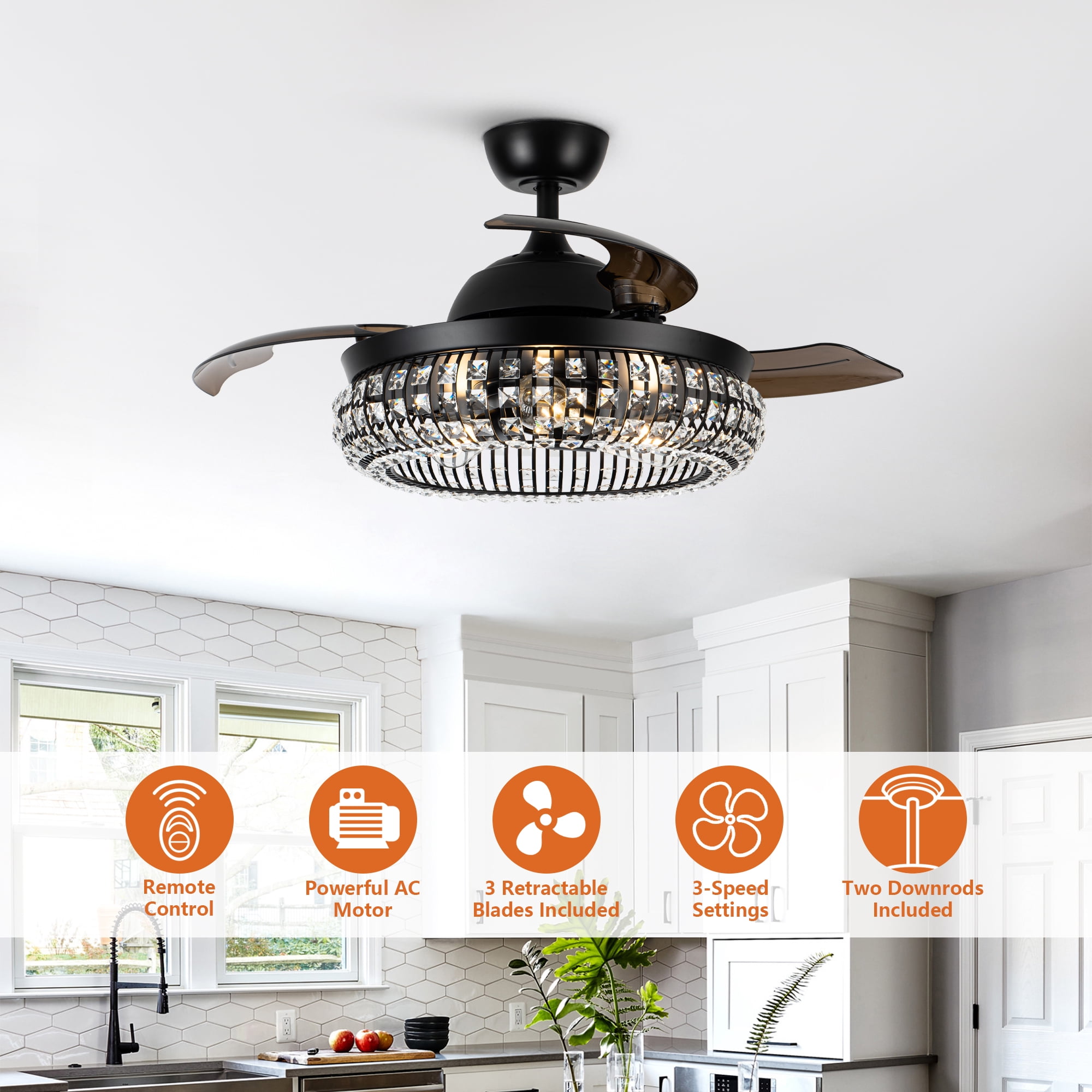 Parrot Uncle Ceiling Fan with Lights and Remote 42 inch Modern Crystal Ceiling Fan with Light 3 Bulbs Not Included, Black