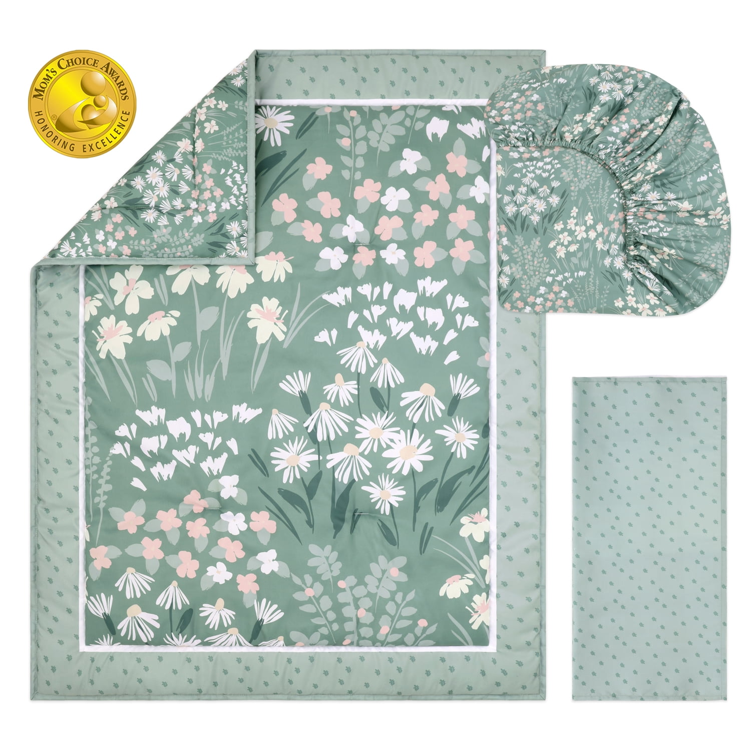 The Peanutshell Crib Bedding Set for Baby Girls, Sage Meadow, 3 Piece