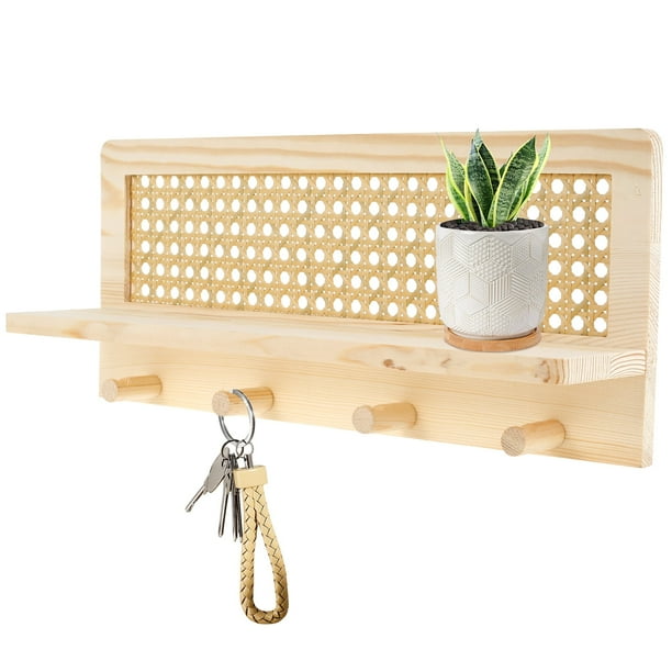 Estante de ratán con 4 ganchos, estante decorativo de ratán para pared, estante flotante de ratán que ahorra espacio, estante de ratán para montaje en pared, estante de ratán para entrada, fácil de