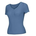 thumbnail image 3 of Holzkary Women's Henley T Shirts Summer Deep V Neck Ribbed Short Sleeve Slim Fit Button Tops Casual Tee Ice T Shirt Woven Sweater Versatile Thin V Neck Slimming Base Layer Worn Outside Blue Xl, 3 of 8