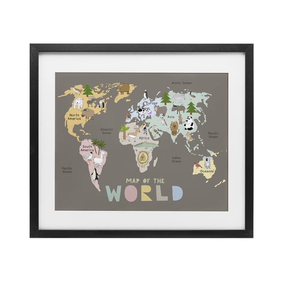 Kid's Map Of World Brown Black Framed Print Under Glass, design by Carla Daly
