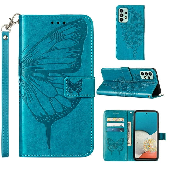 Dteck for Samsung Galaxy A53 5G 6.5 inch Butterfly & Flower Embossed PU Leather Wallet Phone Case with Hand Strap,Shockproof Slim Fit Magnetic Flip Holder Card Slots Protective Cover,Blue