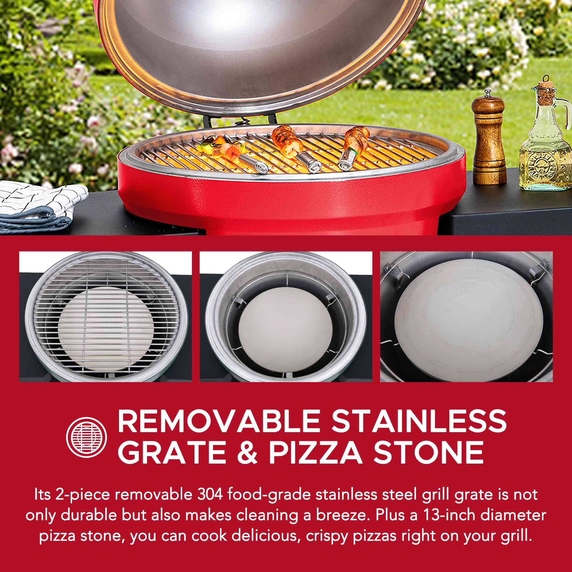 Sunjoy Charcoal Grill 20-Inch Kamado Grill Outdoor Egg Grill with Pizza Stone, Ultimate BBQ Grill and Smoker with Wheels
