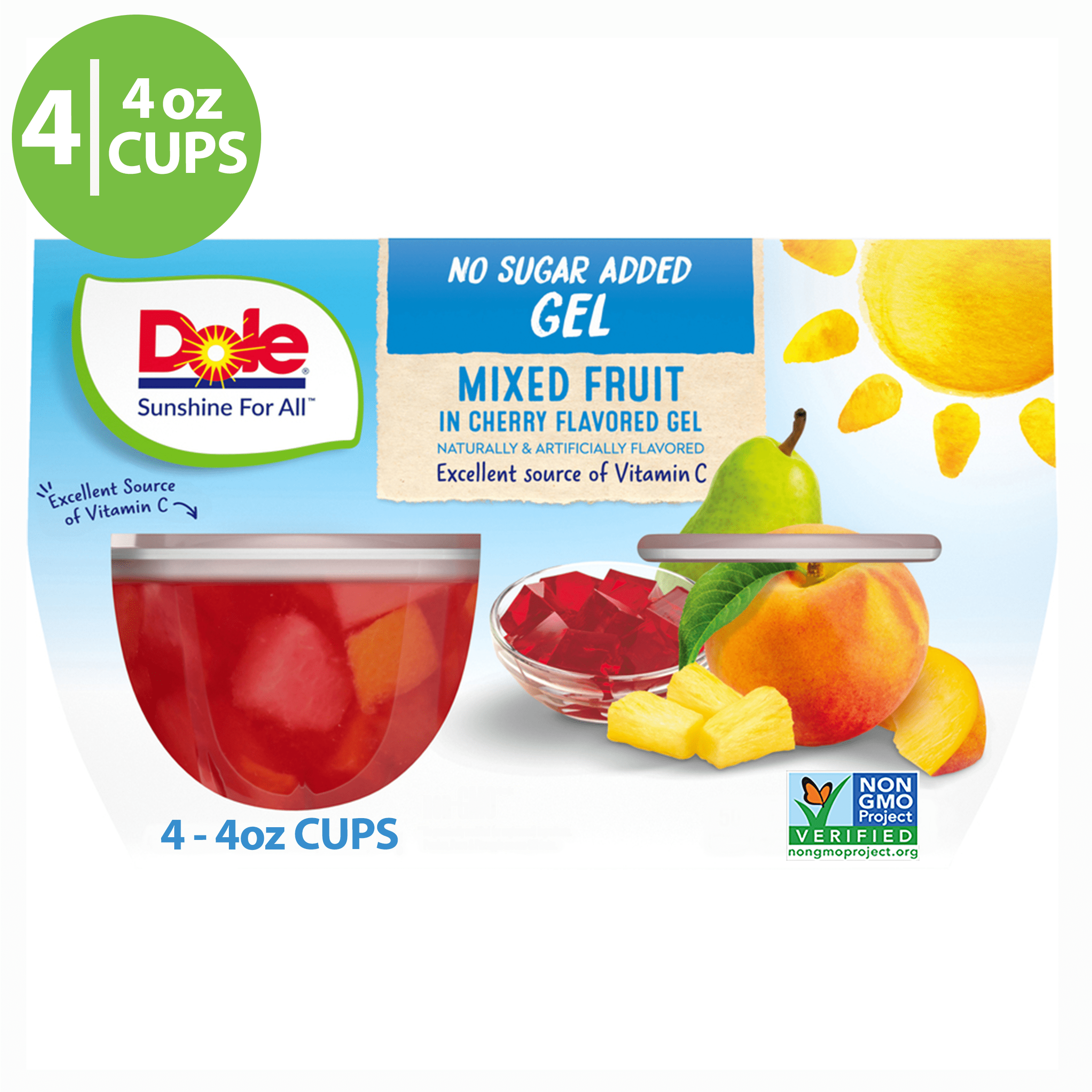 (4 Cups) Dole Fruit Bowls No Sugar Added Mixed Fruit in Cherry Gel, 4.3 oz