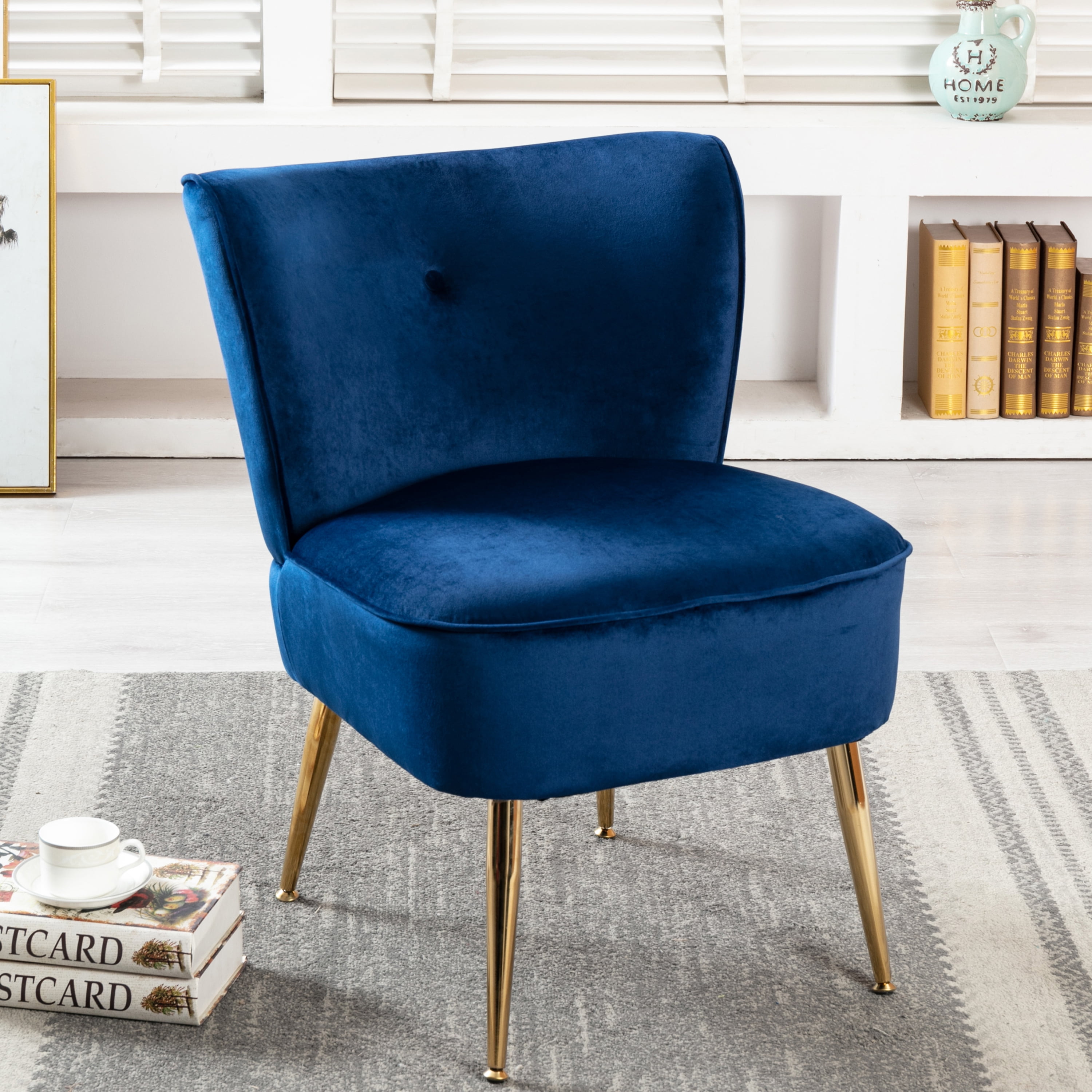 Side Chair Back Chair Modern Fabric Upholstered Seat Chairs Makeup Chairs With Soft Velvet Seat Metal Legs Accent Side Chair For Occasional Bedroom Leisure Navy Blue Walmart Com Walmart Com