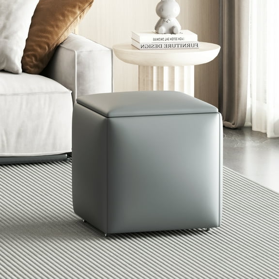 5-in-1 Nesting Square Upholstered Ottoman Cube Chair, Stackable Stools, Faux Leather Pouf with Swivel Casters for Living Room-Gray