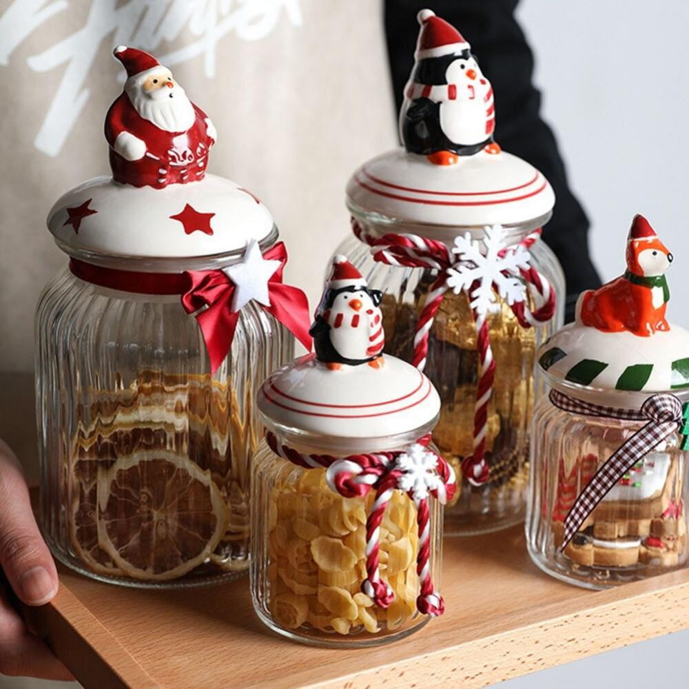 Christmas Ceramics Lid Glass Airtight Canister Kitchen Storage Bottles Jar  Sealed Food Tea Coffee Beans Christmas Candy Jars Organizer 