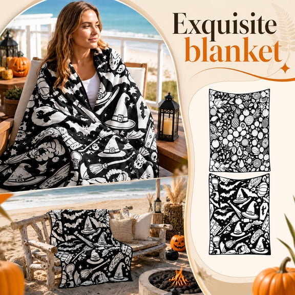 Throw Blanket, Customizable Colorable Halloween Decorations for Home, 60X40 Inch Black Halloween Blanket, Spooky Line Art Halloween Decor for Craft Nights, Soft 100X150Cm Marker