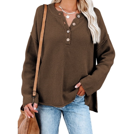 HOTAPEI Womens Waffle Knit Sweater Casual Crew Neck Long Sleeve Pullover Sweaters for Women Side Slit Henley Knit Tops