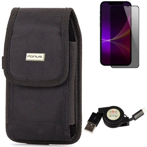 Case Belt Clip & USB Cable & Privacy Screen Protector for iPhone 13 Pro Max ONLY - Rugged Holster Canvas   Retractable Charger Power   Tempered Glass Curved Anti-Spy Combo