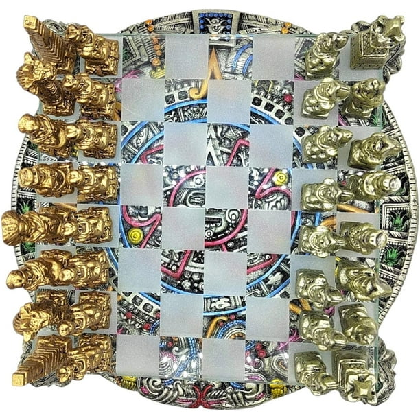 MORIN Imágenes | Ajedrez de Calendario Azteca con Quetzalcóatl | 31 cm (Plateado)