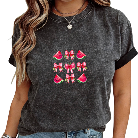 Mineral Wash Black Watermelon Bow Print T-Shirt Women's Casual Loose Fit Cute Summer Fruit Aesthetic Short Sleeve Tops S-2XL