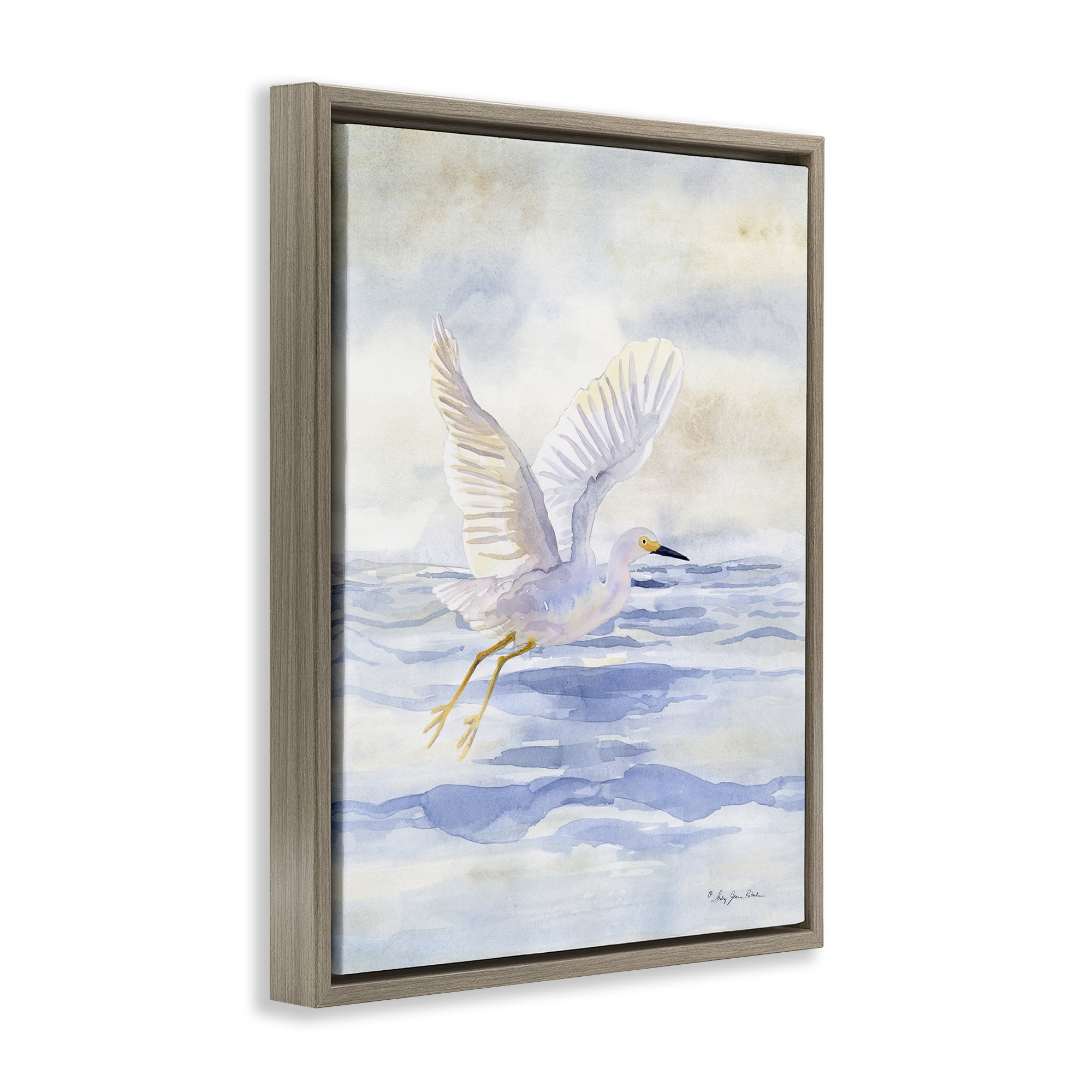 Stupell Industries Swan Flying Over Water Landscape Painting Brown Floater Framed Canvas Art Print Wall Art, 25 x 31