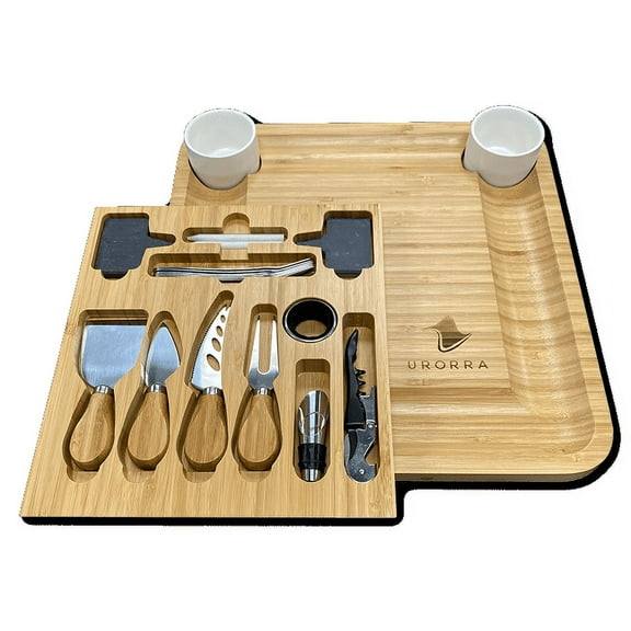 Urorra Bamboo Charcuterie, Large Cheese Board Cutting Platter with Knife Set and Wine Accessories
