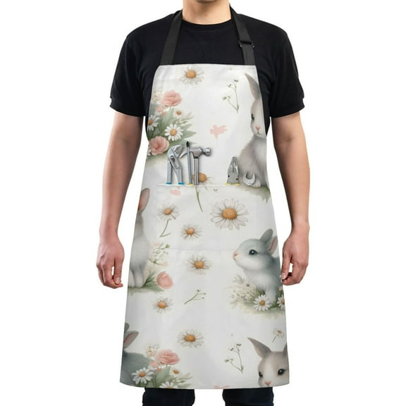 Cute Little Rabbit with Flower Kitchen Apron with 2 Pockets Adjustable waterproof Cooking Aprons for Women Men Chef