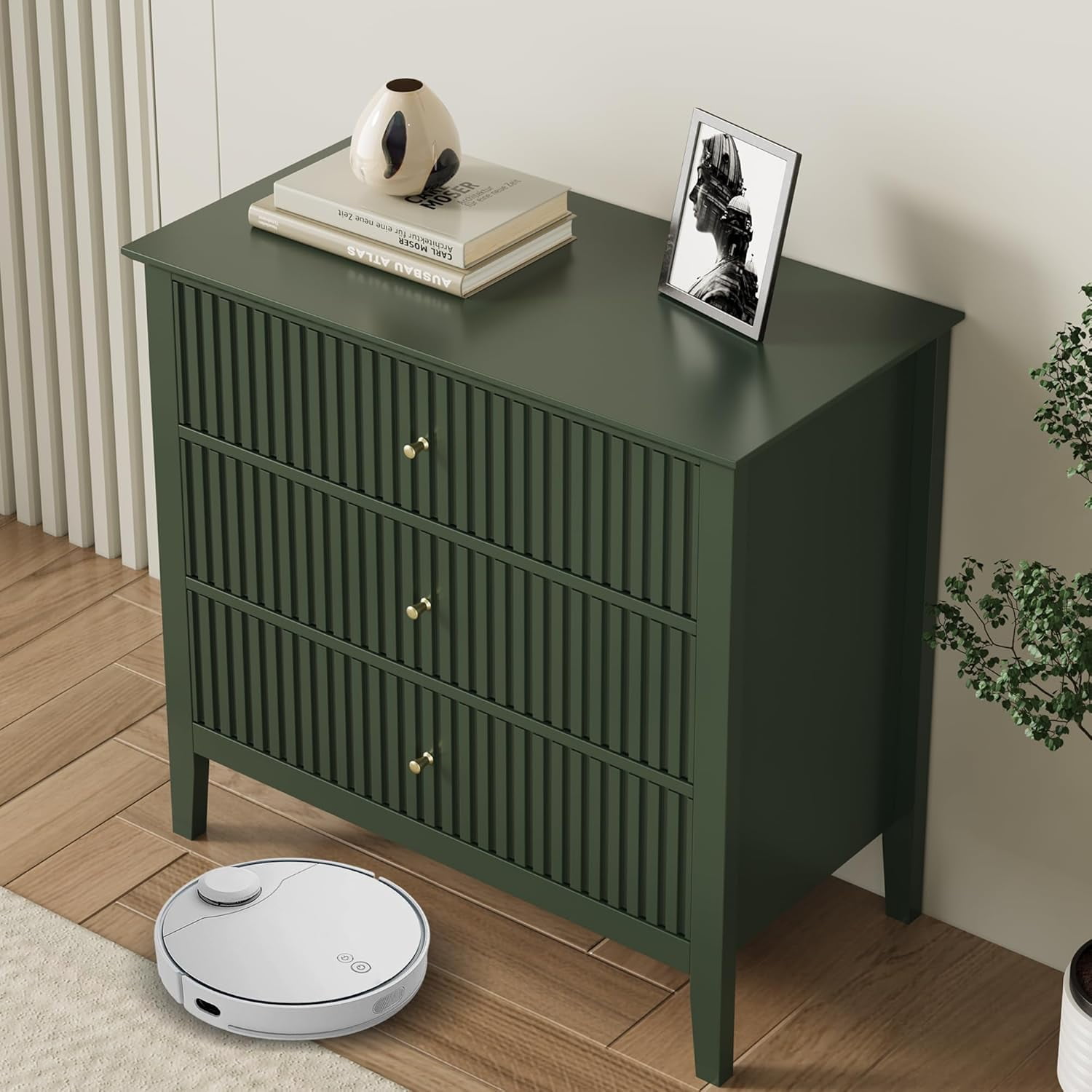 Mayincolor Fluted 3-Drawer Dresser Set of 2, Green Wood Chest for Bedroom & Living Room