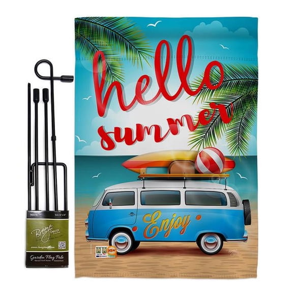 Breeze Decor BD-SU-GS-106084-IP-BO-D-US18-BD 13 x 18.5 in. Hello Summer, Enjoy Bus Summer Fun in the Sun Impressions Decorative Vertical Double Sided Garden Flag Set with Banner Pole