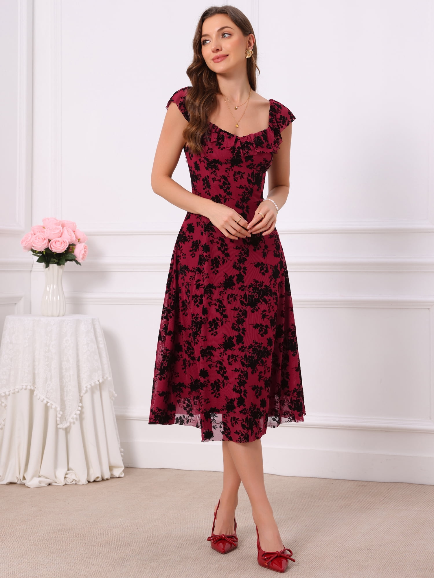 DARING DIVA Women's Gothic Sweetheart Neck Sleeveless Floral Dress M Burgundy