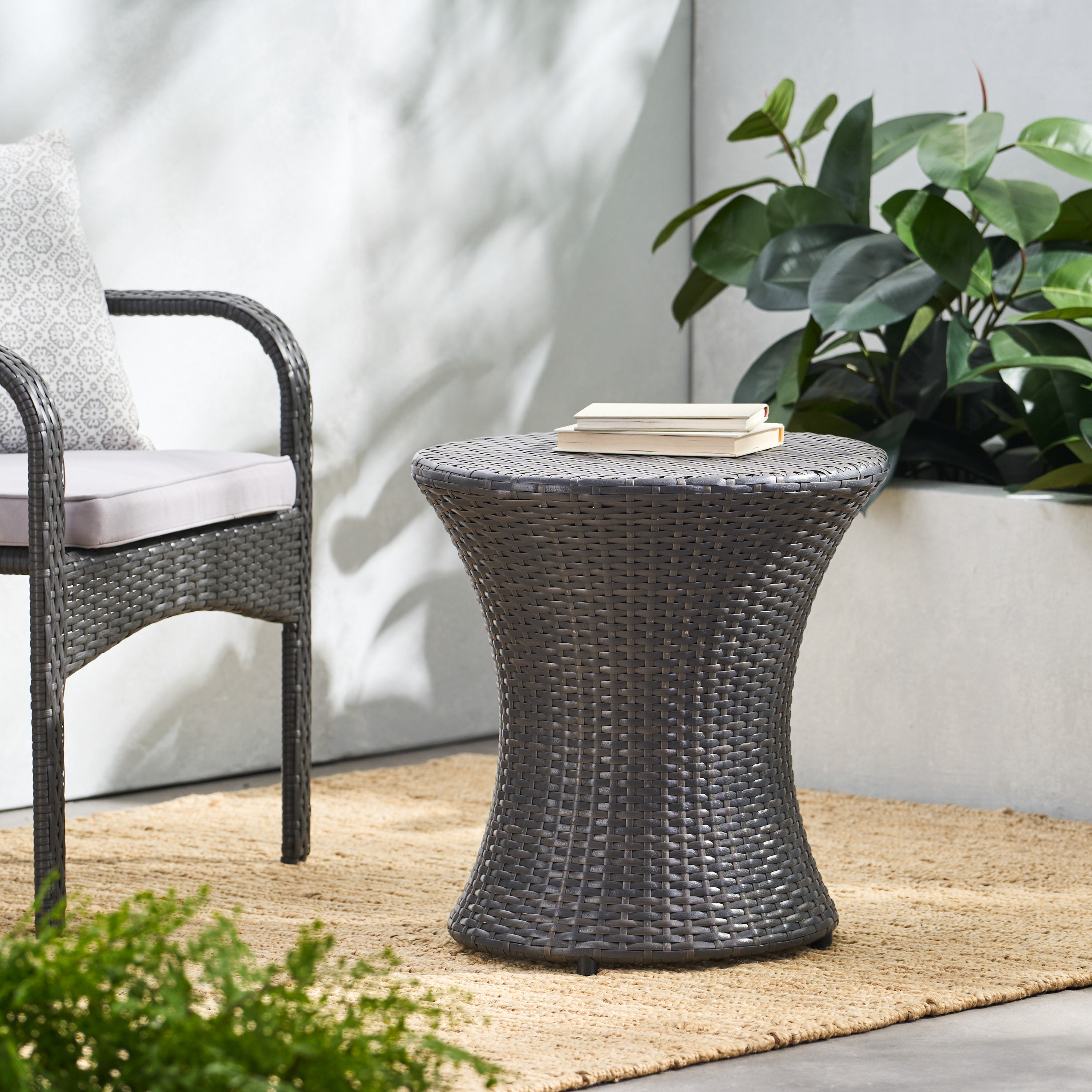 Outdoor Glassless Wicker Hourglass Side Table, Simple Decor End Table for Patio Garden, Gray
