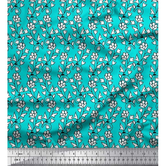 Soimoi Crepe Silk Fabric Leaves & Floral Block Printed Fabric 1 Yard 42 Inch Wide