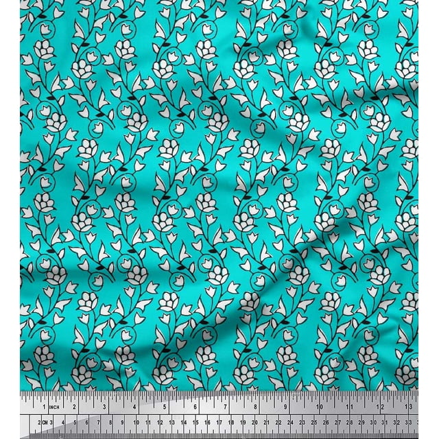 Soimoi Rayon Fabric Leaves & Floral Block Decor Fabric Printed Yard 56 Inch Wide