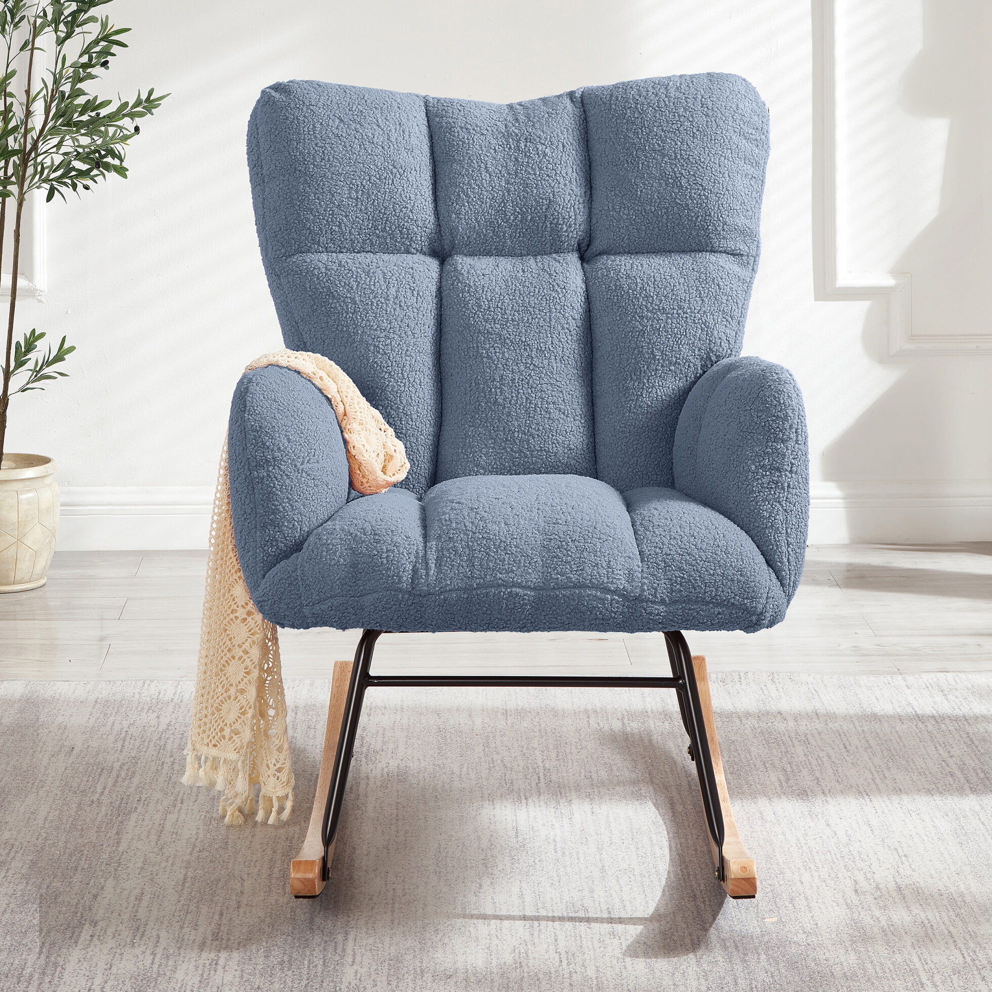 Nursery Rocking Chair Teddy Upholstered Glider Rocker Rocking Accent Chair Padded Seat with High Backrest Armchair Comfy Side Chair for Living Room Bedroom Offices, Light Blue Teddy