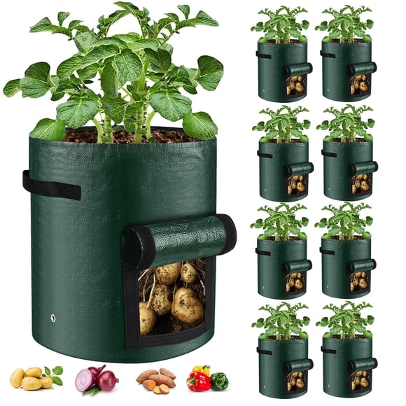 8 Pack Grow Bags, 10 Gallon Potato Growing Bags Durable PE Vegetable Planter Bag with Flap and Handles Large Garden Pots Potato Growing Con