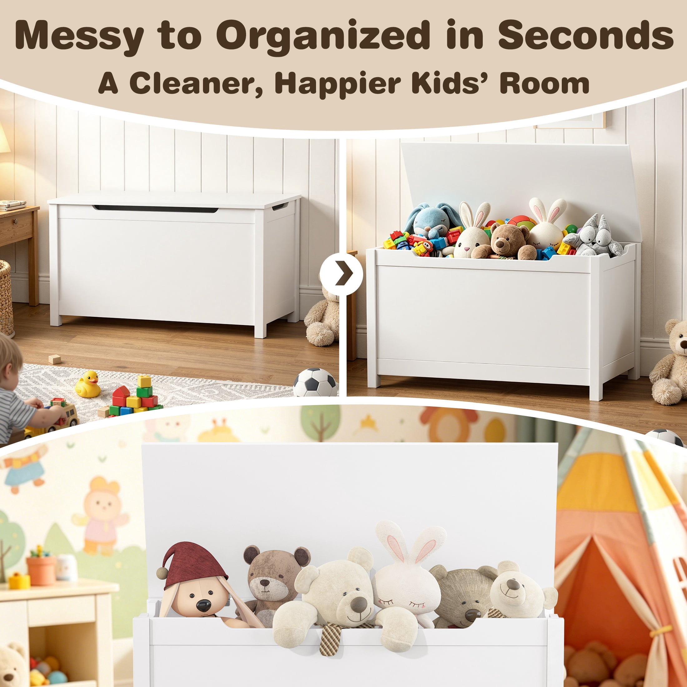 Large Toy Box with Lid, SESSLIFE Wooden Toy Chest and Seating Bench for Boys Girls, Safety Hinged Toy Storage Box, Toy Organizer for Playroom, Bedroom, Nursery, White