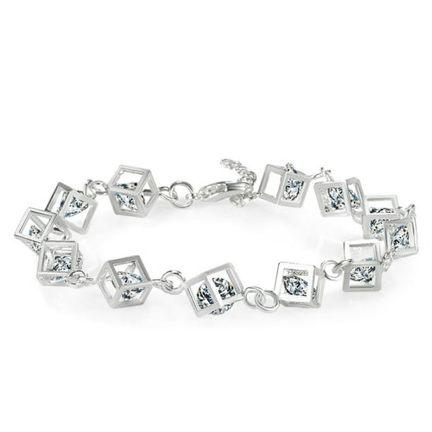 Pulseras para mujer, regalos para mujer, pulsera de eslabones de cadena de cristal color plata, pulsera de regalo para mujer y niña, pulsera elástica ajustable con diamantes brillantes, pulsera iónica