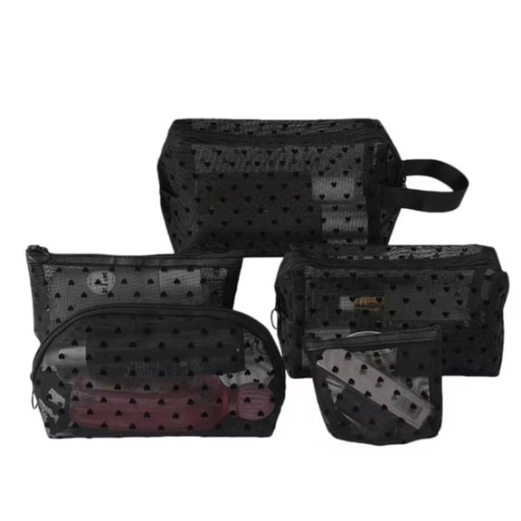 5 Pieces Heart Printed Mesh Makeup Bag Set, Portable Travel Mesh Cosmetic Bags Toiletry Bags Makeup Purse Bags with Zipper Storage Pouches for Home Offices Travel Accessories