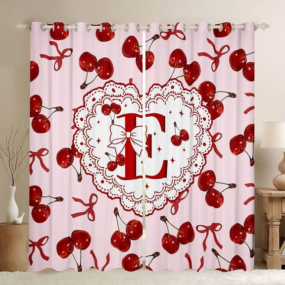 Erosebridal Cartoon Personalized Initial E Black Out Curtains For Kids,Red Cherry Kawaii Bow Curtains Pack of 2 (42x63 Each) For Girls,Lightweight Room Decor