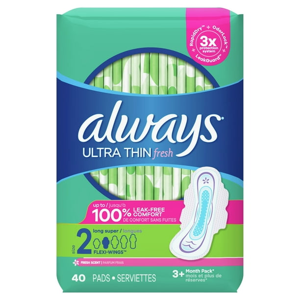 Always Ultra Thin Pads Size 2 Long Absorbency Scented with Wings, 40