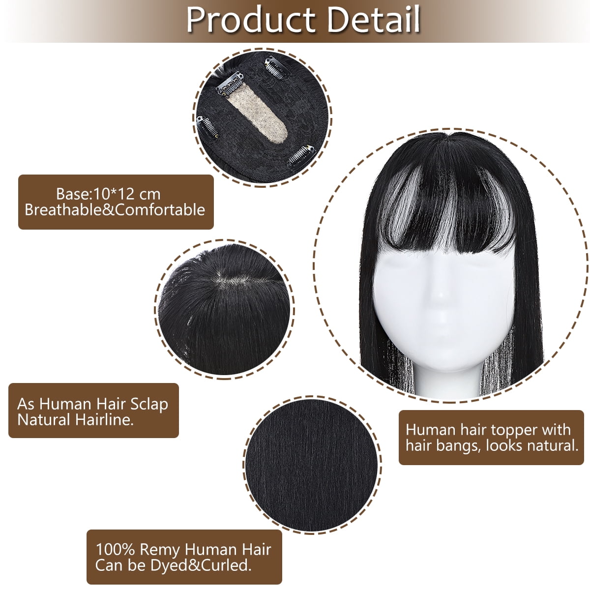 SEGO Clip in Hair Extensions Human Hair Toppers with Bangs 100% Real Human Hair Topper for Thinning/Loss Hair Natural Black Hair Pieces